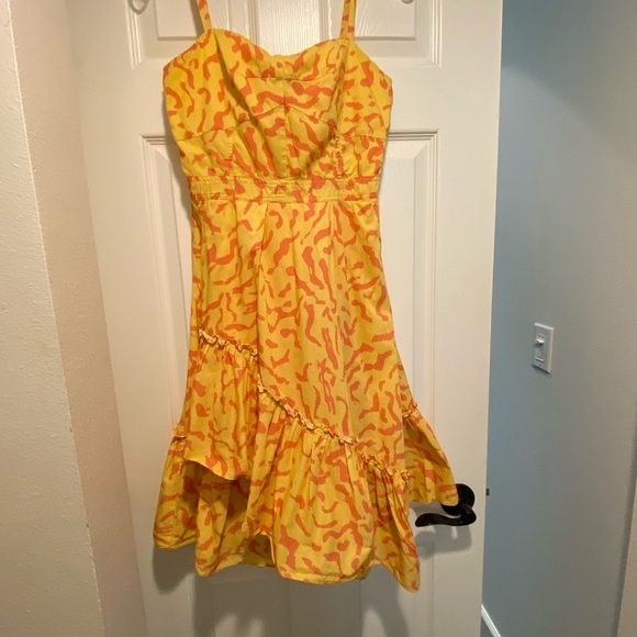 Derek Lam Women’s Sleeveless Midi Cotton Yellow Pink Ruffle Dress size 40 medium - Picture 3 of 13